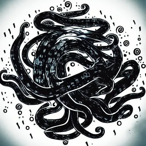 Prompt: “a swarm of black tentacles underwater, underwater nature photography, anime style, deep water, abyss, horror”