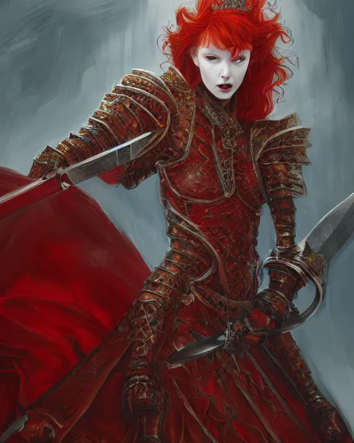 Image similar to redhead queen knight in red armor, wielding giant sword, inside an epic gothic castle, rococo, large crown, face with scars, intimidating, ominous, high fantasy, intricate detail, digital painting, artstation, concept art, smooth, sharp focus, illustration, art by yoshitaka amano and monia merlo and wlop