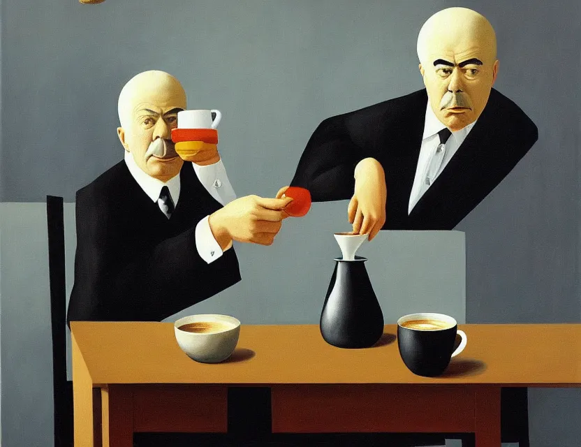 Image similar to a painting of a old and strange dusty professor in black suite making a study of drinking 1 0 cups of black coffee in a kitchen that is slowly melting, styled and painted by rene magritte