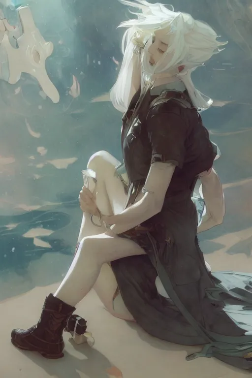 Prompt: a white haired girl with a guitar on her back sitting on the floor taking off her socks, 4 5 angel by krenz cushart and mucha and akihito yoshida and greg rutkowski, 4 k resolution