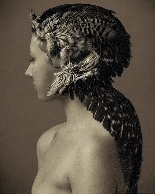 Image similar to a woman's face in profile, made of owl feathers, in the style of the dutch masters and gregory crewdson, dark and moody