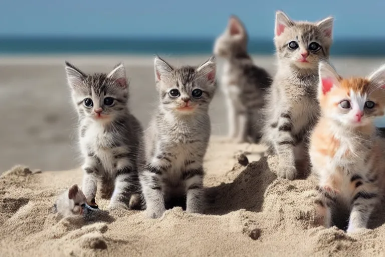 Image similar to kittens at the beach surrounding a sand castle and all of the kittens are looking directly at the sand castle