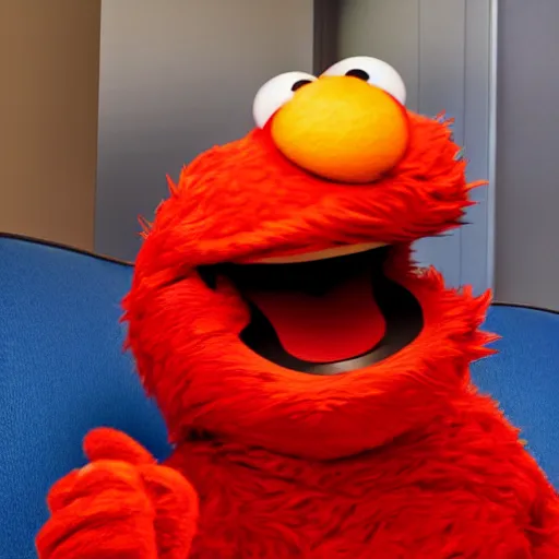 Prompt: stock photo of elmo smashing the hotel room