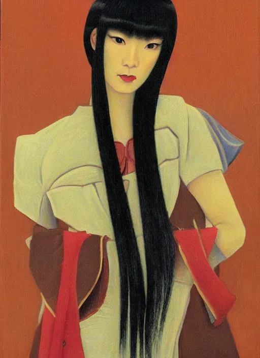 Image similar to painting of a japanese woman with bangs, kitsch, by vladimir tretchikoff