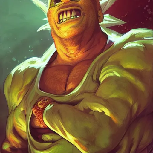 Image similar to super saiyan trevor philips as shrek the hedgehog, highly detailed, digital painting, artstation, concept art, smooth, sharp focus, illustration, art by artgerm and greg rutkowski and alphonse mucha