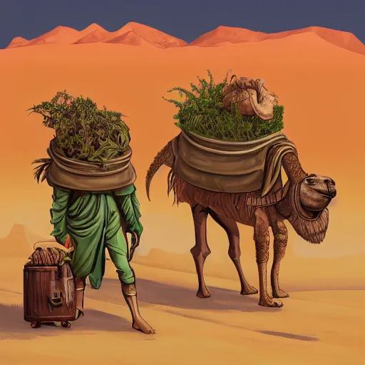 Prompt: several stoner merchants in robes with integrated bong gas mask appliances, carrying bales of herbs across an alien desert with camel-like creatures in tow. Album art by Arik Roper