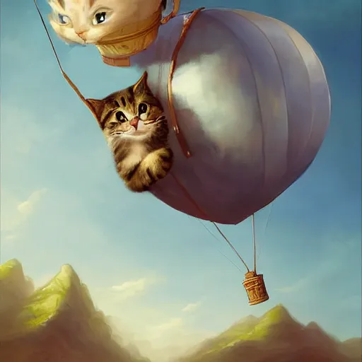 Image similar to a cute cat flying an air balloon , matte fantasy painting, DeviantArt Artstation, by Jason Felix by Steve Argyle by Tyler Jacobson by Peter Mohrbacher