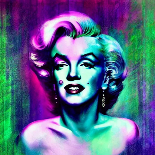 Prompt: surreal Marilyn Monroe covered in chromatic distortions mysterious place, beautiful, pscychodelic, trending on artstation, artwork by midjorney