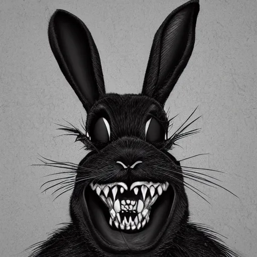 Image similar to A extremely highly detailed majestic hi-res beautiful, highly detailed head and shoulders portrait of a scary terrifying, horrifying, creepy black cartoon rabbit with scary big eyes, earing a shirt laughing, hey buddy, let's be friends, in the style of Walt Disney animation