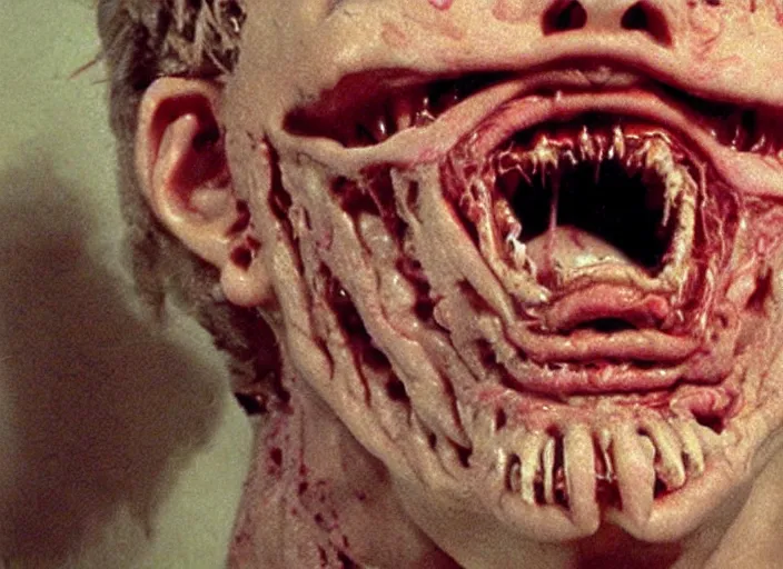 Prompt: disturbing portrait of a teratoma smiling crooked teeth blood horror practical fx by david cronenberg 1 9 7 0