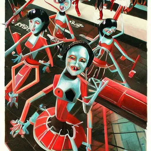 Image similar to robotic cheerleaders, pop surrealism, lowbrow, realistic, dystopian athmosphere