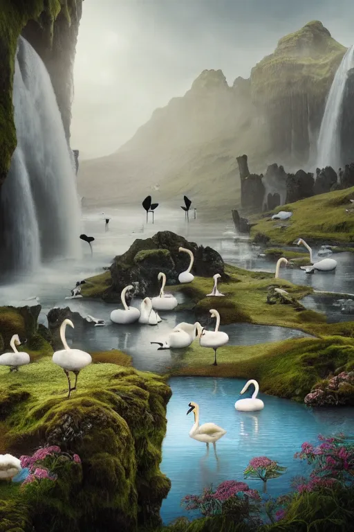 Prompt: beautiful bjork with swans in iceland by hubert robert and lee madgwick and roger dean and jacek yerka, dan mumford and alex grey style, soft lighting, 4 k hd wallpaper illustration concept joy atmospheric lighting