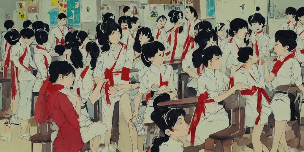 Prompt: in the afternoon at school, a beautiful girl kill her boyfriend as a group of students in sailor uniforms watch by wu guanzhong