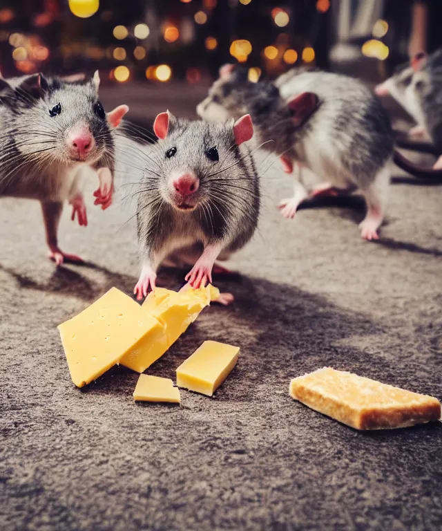 Prompt: high quality presentation photo of cute anthropomorphic rats playing basketball with cheese, photography 4k f1.8 anamorphic bokeh 4k Canon Nikon