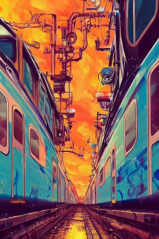 Image similar to trains covered in dripping colorful graffiti paint, painterly, james jean, yoshitaka amano, hiroshi yoshida, moebius, loish, artgerm, painterly, symmetrical, ultra detailed, hyper realistic, illustration, sunset lighting