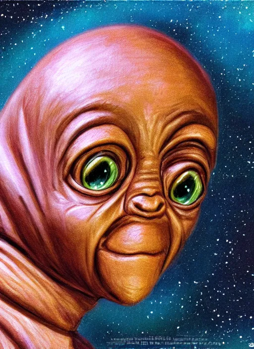 Prompt: portrait of E.T. (1982), highly detailed, centered, solid color background, digital painting, artstation, concept art, smooth, sharp focus, illustration, drew struzan, John Alvin