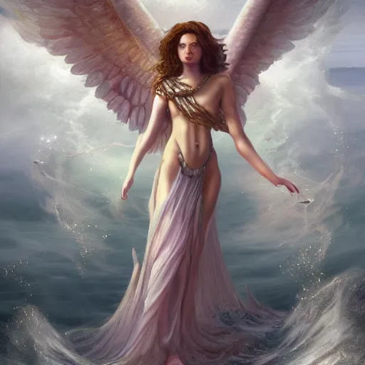 Prompt: a ethereal angel deity raising from the sea, hyperrealistic concept art, fantasy illustration, detailed painting, and deep color