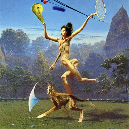 Prompt: anthromorphic animals playing badminton by Bruce Pennington