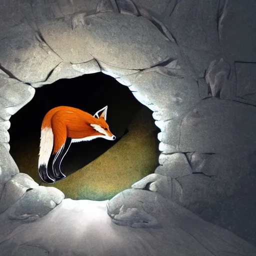 Prompt: a fox riding on an open tome flying through a fantasy cavern