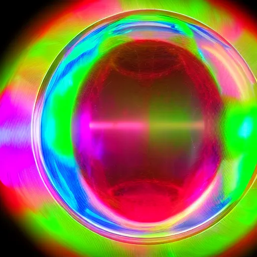 Prompt: a soap bubble with multicolored lights on it, a hologram by fred a. precht, polycount, holography, quantum wavetracing, ray tracing, holographic