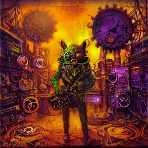 Image similar to steampunk rat, acid, 303, psychedelic, by paul lehr, cd cover for psytrance artist