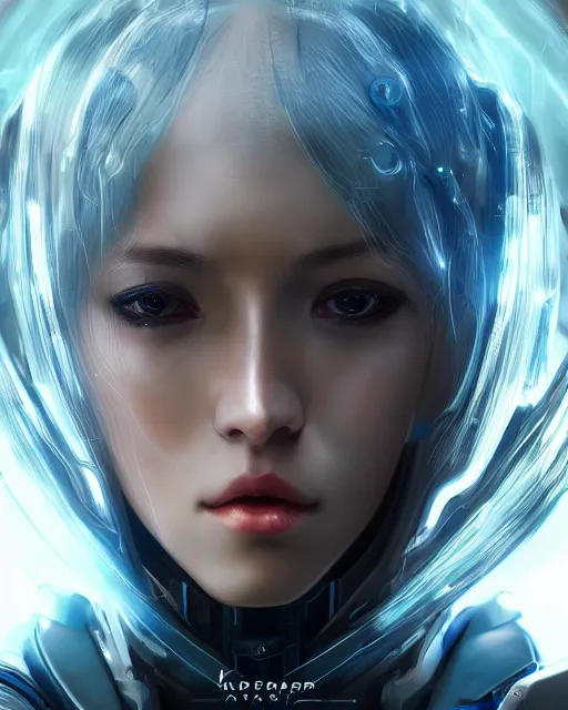 Image similar to perfect android girl on a mothership, warframe armor, beautiful face, scifi, futuristic, galaxy, nebula, bae suzy, dreamy, long white hair, blue cyborg eyes, sharp focus, cinematic lighting, highly detailed, artstation, divine, by gauthier leblanc, kazuya takahashi, huifeng huang