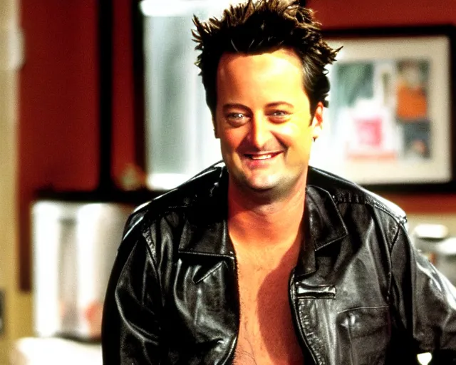 Prompt: matthew perry in his apartment smiling grinning blood all over his face and body wearing only a black leather jacket with bare chest exposed, looking at the camera, friends 9 0 s tv show screenshot