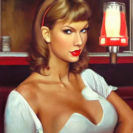 Prompt: sexy dj taylor swift at a diner, head and shoulders portrait provocatively, extremely detailed masterpiece, roger deakin ’ s cinematography, oil on canvas, norman rockwell.
