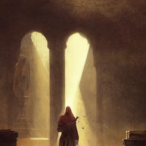 Image similar to half portait of magican wearing a closed cowl and big old book! chained to the wrist, jeremy mann, jean - leon gerome, tiepolo, alphonse mucha, greg rutkowski, face in the shadows, ( ( ruins of ancient rome ) ), at dusk, mysterious atmosphere, sunrays, dof, high detailed, 8 k