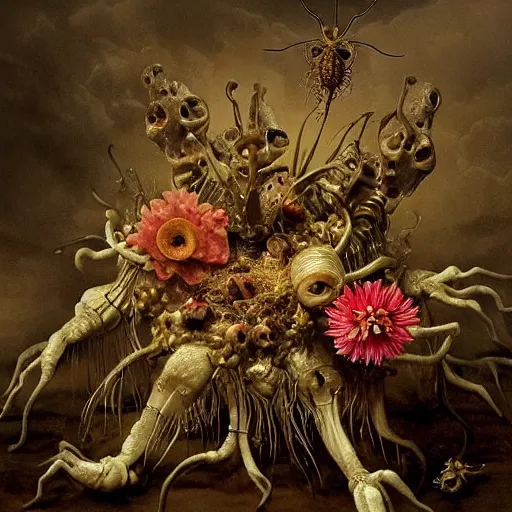 Image similar to disgusting disturbing strange dutch golden age bizarre mutant flower floral still life with many human body parts realistic human toes blossoming everywhere insects very detailed fungus tumor disturbing tendrils bizarre slimy forms sprouting up everywhere by rachel ruysch christian rex van minnen black background chiaroscuro dramatic lighting perfect composition masterpiece high definition 8 k 1 0 8 0 p