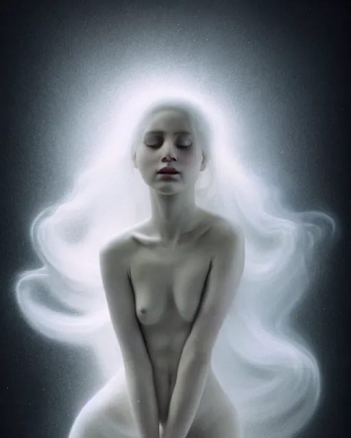 Image similar to soft, delicate, dreamy, dramatic, subsurface scattering, white, young beautiful goddess in cosmos with very long white hair floating in air, fluid smoke art, black and white, octane render, dino valls, mark ryden, joe fenton, michal karcz, highly detailed, rim light, art, cinematic lighting, very coherent, hyper realism, 8 k