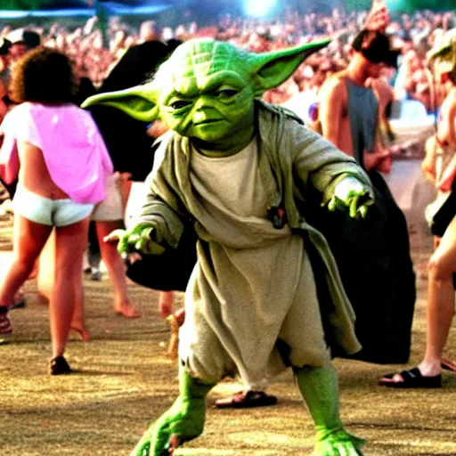 Prompt: Yoda Performing at Woodstock 99 with Hole