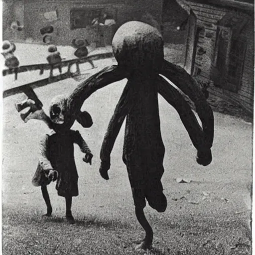 Prompt: a higly detailed album of scared children from running slenderman from the 1940s, creepy, unsettling, bad quality, cursed image