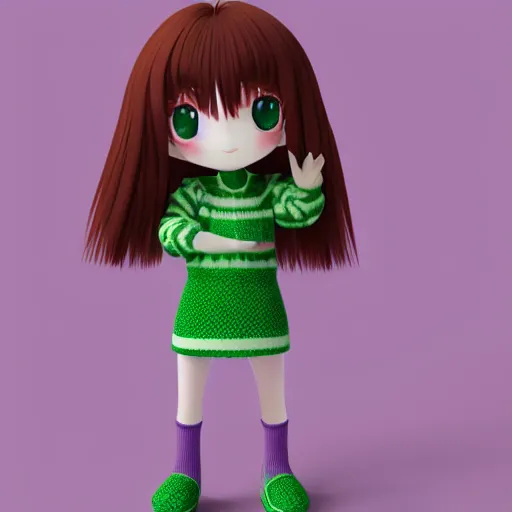 Prompt: cute fumo plush of a girl in a purple and green checkerboard woolen sweater, anime girl, vray