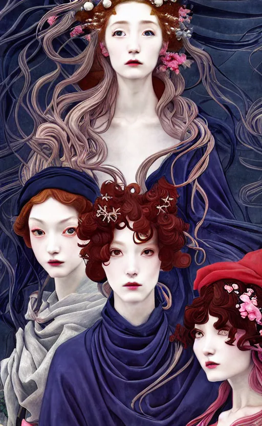 Image similar to 3 Figures as Winter Spirits, style is a blend of Peter Chung, Botticelli, and John Singer Sargent, inspired by pre-raphaelite paintings, shoujo manga, and Japanese city street fashion, dark and moody colors, hyper detailed, super fine inking lines, 4K extremely photorealistic digital art