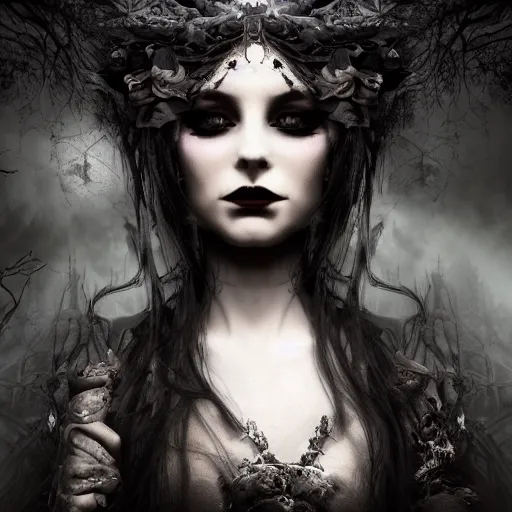 Image similar to stunning otherworldly Gothic goddess of beauty, dark and mysterious, atmospheric, ominous, eerie, cinematic, Epic, 8k, 4k, ultra detail, ultra realistic, rendered by awesomeness