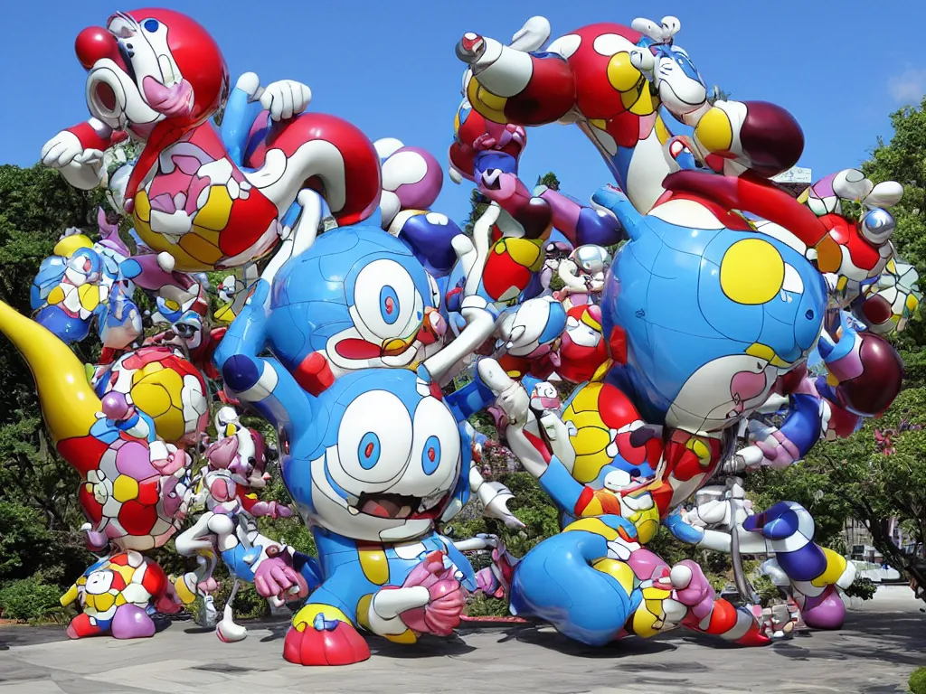 Prompt: Jeff Koon’s Doraemon Dorami Fractal Dragon statue, in the style of Hajime Sorayama and Takashi Murakami
