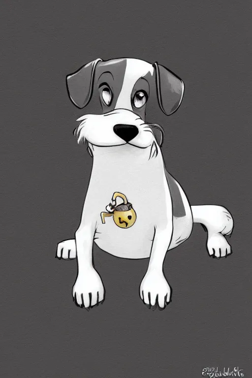 Image similar to cute jack black and white russel terrier laying on dog bed, large round eyes, concept art, game art, character design, fantasy illustration, sketch by cory loftis and bill schwab