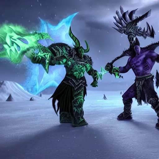 Image similar to Illidan fighting Arthas. Frozen landscape. Warcraft-style. Cinematic shot.