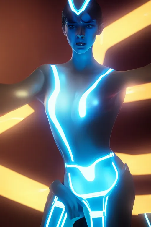 Prompt: render of a beautiful bioengineered female wearing a luminescent bodysuit in a Tron environment, reflections, focus, detailed, realistic eyes, horizontal partial symmetry body features proportions, intricate facial skin details, award winning, trending in cgsociety artstation deviant art, octane render