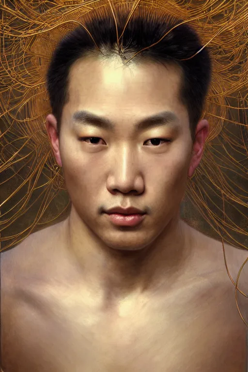 Image similar to hyperrealist portrait of an attractive angelic asian man, it is decorated with long wires that fall like vines and wears small computers over their body. by jeremy mann and alphonse mucha, fantasy art, photo realistic, dynamic lighting, artstation, poster, volumetric lighting, very detailed faces, 4 k, award winning