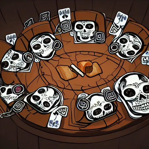 Prompt: a group mafia of skeletons playing cards, gambling, drinking alcohol and smoking around a round table, decade 20s, old film, digital fantasy art, trending in deviantart, hyperdetailed, high quality, cinematic