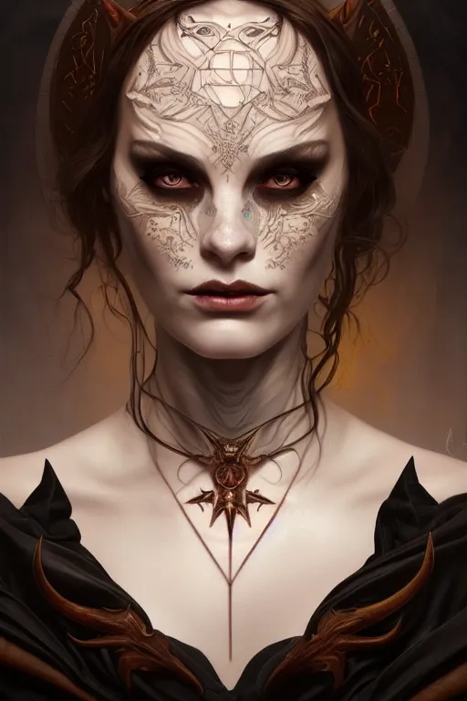 Image similar to portrait of a satanic witch, tattooed face, upper body, decorated, intricate, elegant, highly detailed, digital painting, artstation, concept art, smooth, sharp focus, illustration, art by artgerm and greg rutkowski and alphonse mucha, 8 k