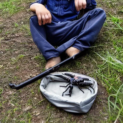 Prompt: boy with a whip-scorpion in his sleepingbag