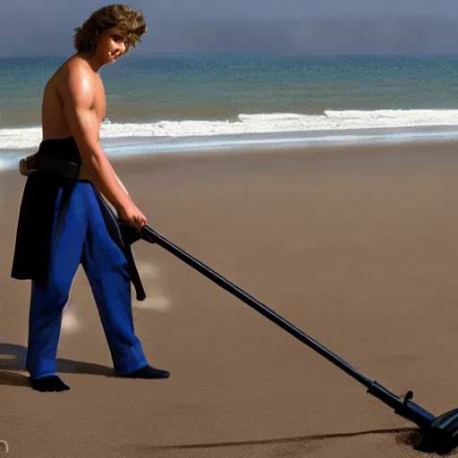 Prompt: anakin skywalker vacuuming a beach to remove sand