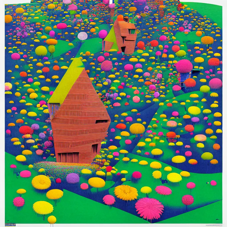 Image similar to surreal summer morning!! gediminas pranckevicius!! a happy house by made of flowers kengo kuma, art by malevich, very coherent, sharp, colorful high contrast, dark shadows, hard lighting, floralpunk flower garden, inking etching screen print paper cutout collage