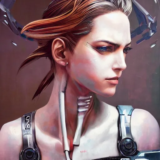 Image similar to portrait of female android by Tetsuya Nomura and Sandra Chevrier