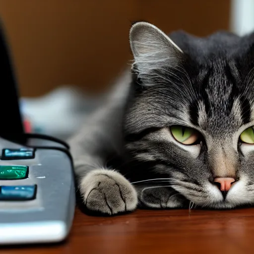 Image similar to cat working at a computer, photo, 8k