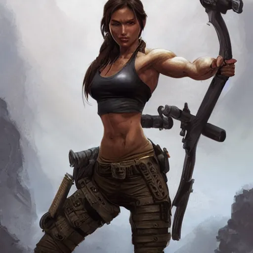 Image similar to detailed portrait of lara croft as a female bodybuilder military officer, fantasy, intricate, elegant, highly detailed, digital painting, artstation, concept art, matte, sharp focus, illustration, art by aenaluck and roberto ferri and greg rutkowski, epic fantasy, digital painting