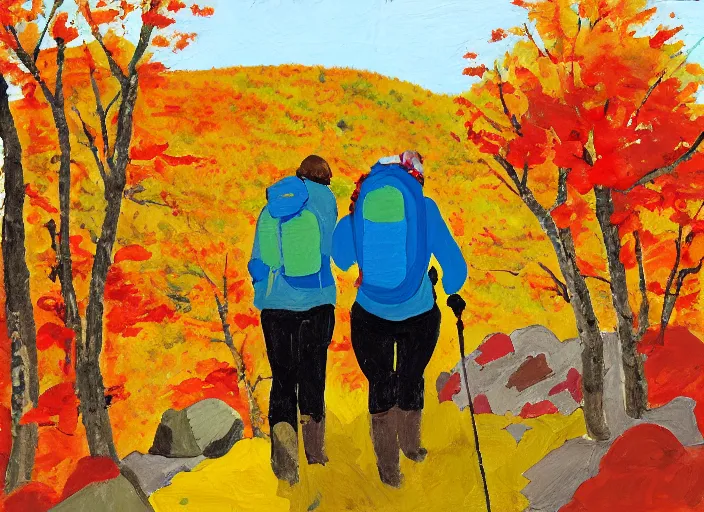 Prompt: portrait of friends hiking franconia ridge new hampshire in autumn, artwork by etel adnan